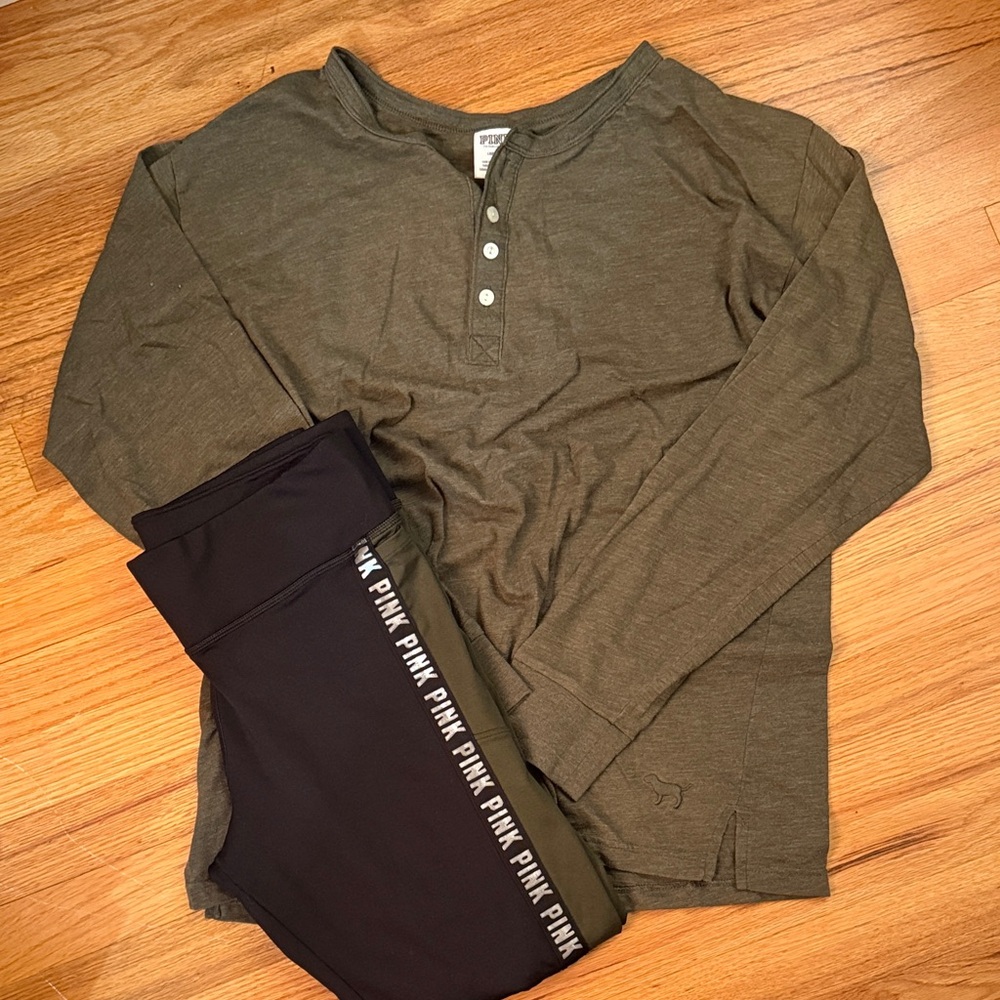 PINK Olive Long Sleeve Top and Black PINK Leggings Set